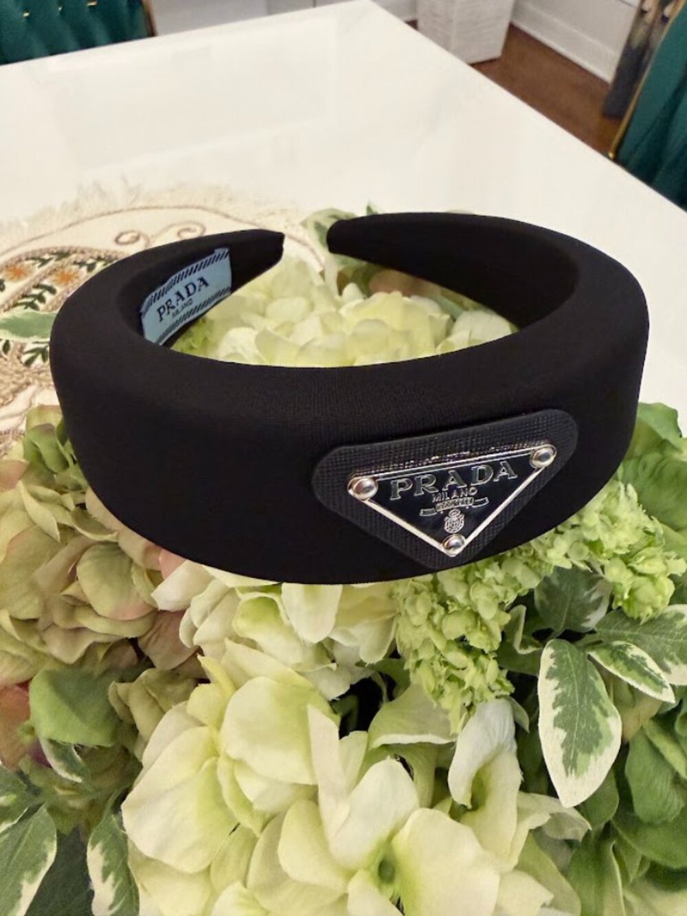 Black Padded Wide Headband with Triangle Logo Plaque